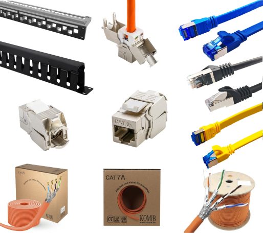 Netzwerk Verschiedene Netzwerkteile, Kabel und Anschlüsse in einem übersichtlichen Layout.