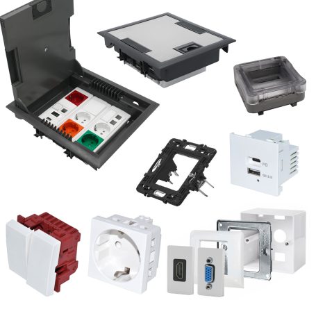 Elektroinstallations Verschiedene Elektroinstallationsdosen und Steckdosen in unterschiedlichen Designs.